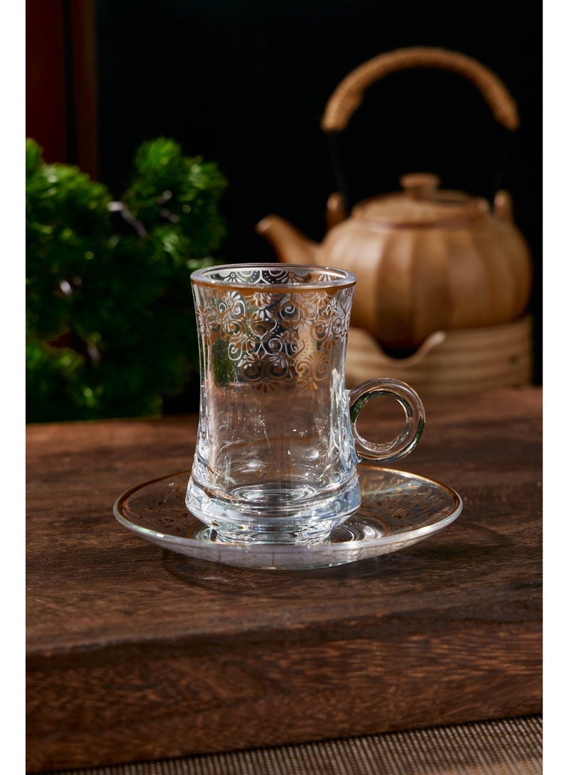 طقم فناجين شاي تركي مكون من 6 قطع مع صحون - أكواب قهوة زجاجية أنيقة بحواف ذهبية - أدوات شاي شرق أوسطية عتيقة للحفلات والمنزل والهدايا - Image 4